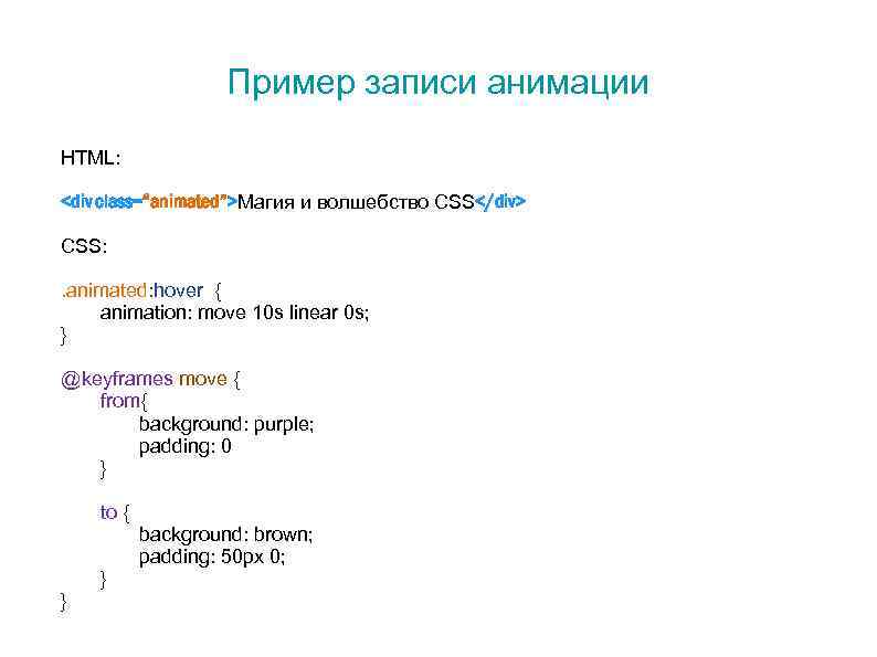 Пример записи анимации HTML: <div class=“animated”>Магия и волшебство CSS</div> CSS: . animated: hover {