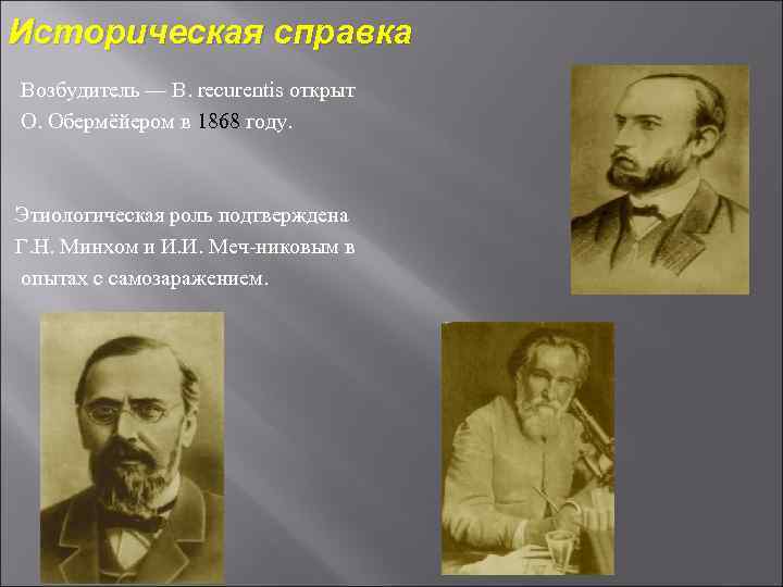 Историческая справка Возбудитель — В. recurentis открыт О. Обермёйером в 1868 году. Этиологическая роль