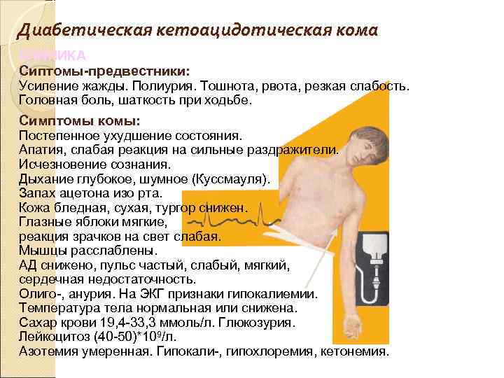 Диабетическая кетоацидотическая кома КЛИНИКА Сиптомы-предвестники: Усиление жажды. Полиурия. Тошнота, рвота, резкая слабость. Головная боль,