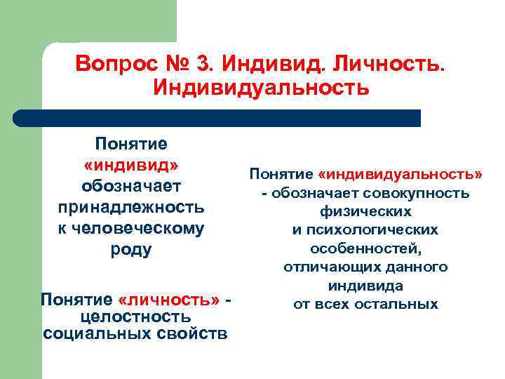 Вопрос № 3. Индивид. Личность. Индивидуальность Понятие «индивид» обозначает принадлежность к человеческому роду Понятие