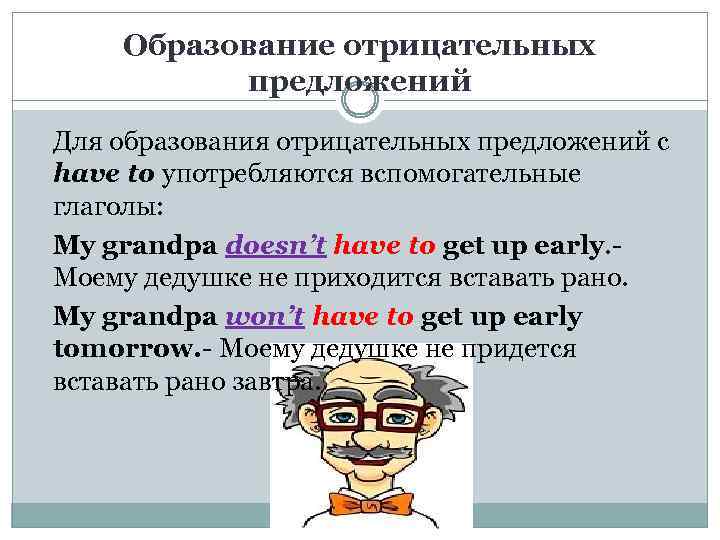 Образование отрицательных предложений Для образования отрицательных предложений с have to употребляются вспомогательные глаголы: My