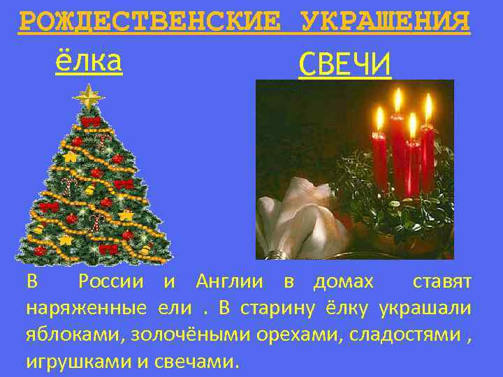 РОЖДЕСТВЕНСКИЕ УКРАШЕНИЯ ёлка СВЕЧИ В России и Англии в домах ставят наряженные ели. В