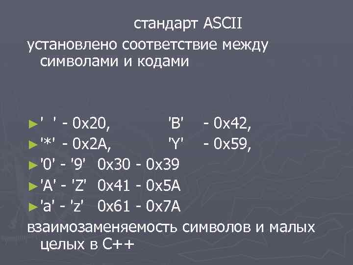 стандарт ASCII установлено соответствие между символами и кодами ►' ' - 0 x 20,