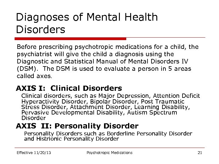 Diagnoses of Mental Health Disorders Before prescribing psychotropic medications for a child, the psychiatrist