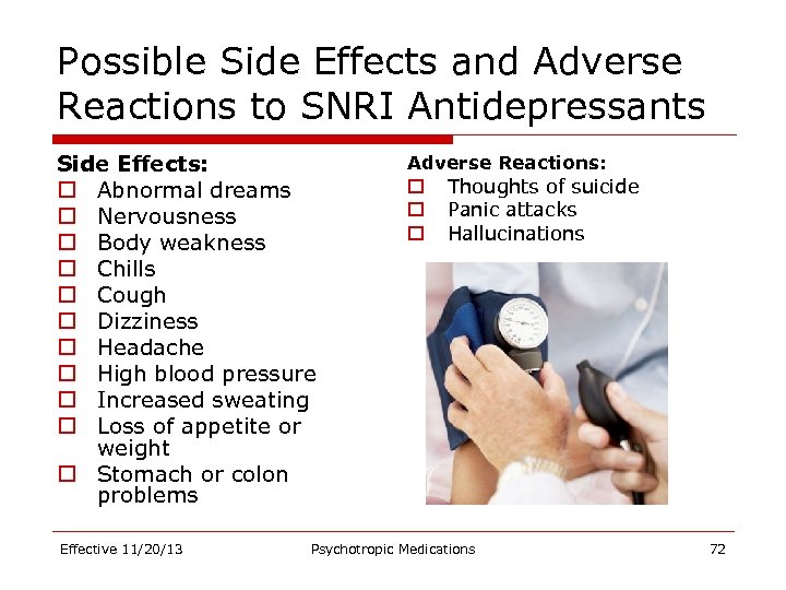 Possible Side Effects and Adverse Reactions to SNRI Antidepressants Side Effects: o Abnormal dreams