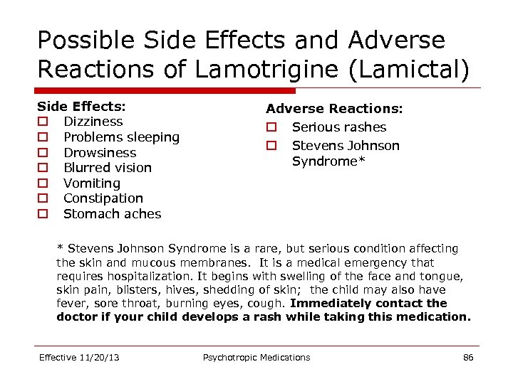 Possible Side Effects and Adverse Reactions of Lamotrigine (Lamictal) Side Effects: o Dizziness o