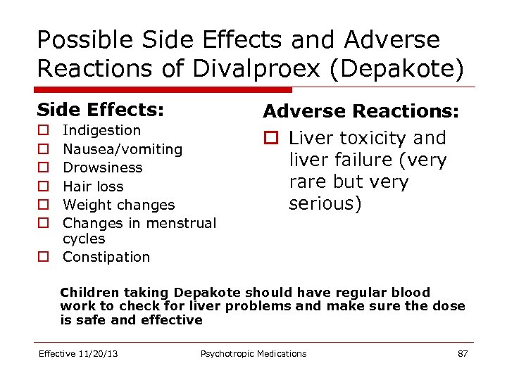 Possible Side Effects and Adverse Reactions of Divalproex (Depakote) Side Effects: Indigestion Nausea/vomiting Drowsiness