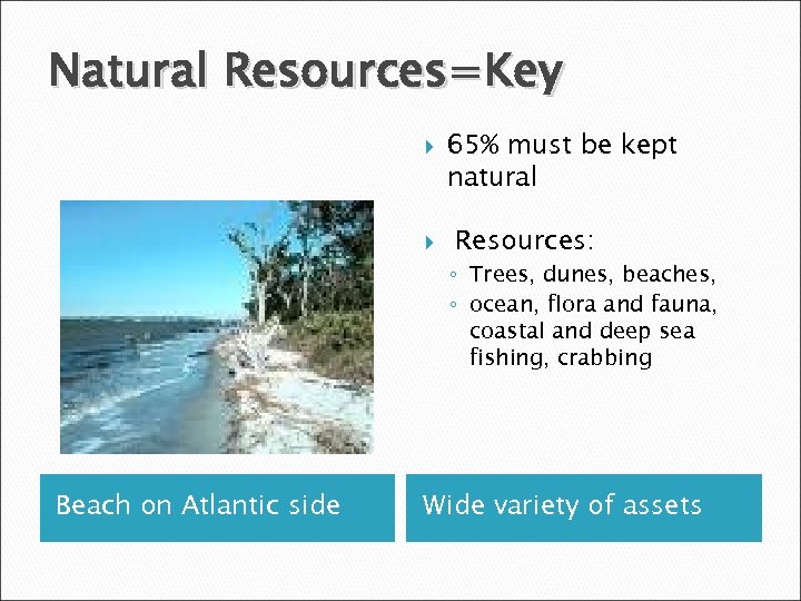 Natural Resources=Key 65% must be kept natural Resources: ◦ Trees, dunes, beaches, ◦ ocean,