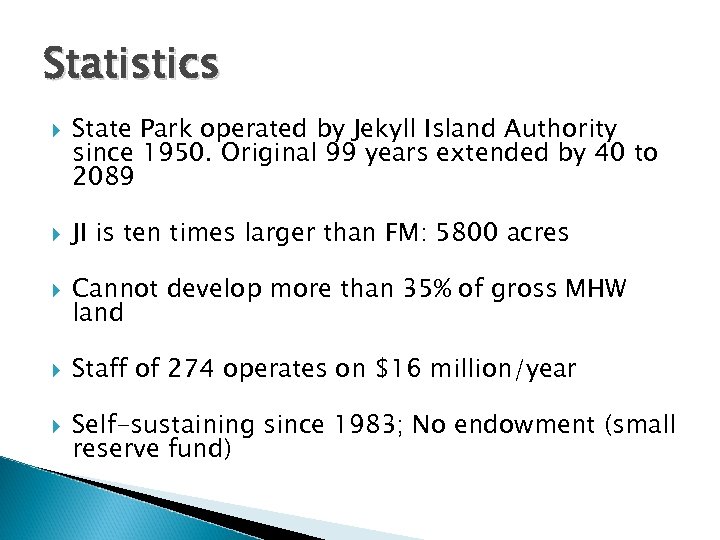 Statistics State Park operated by Jekyll Island Authority since 1950. Original 99 years extended