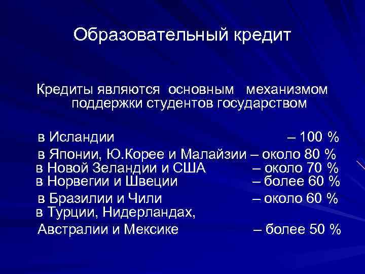 Образовательный кредит Кредиты являются основным механизмом поддержки студентов государством в Исландии – 100 %