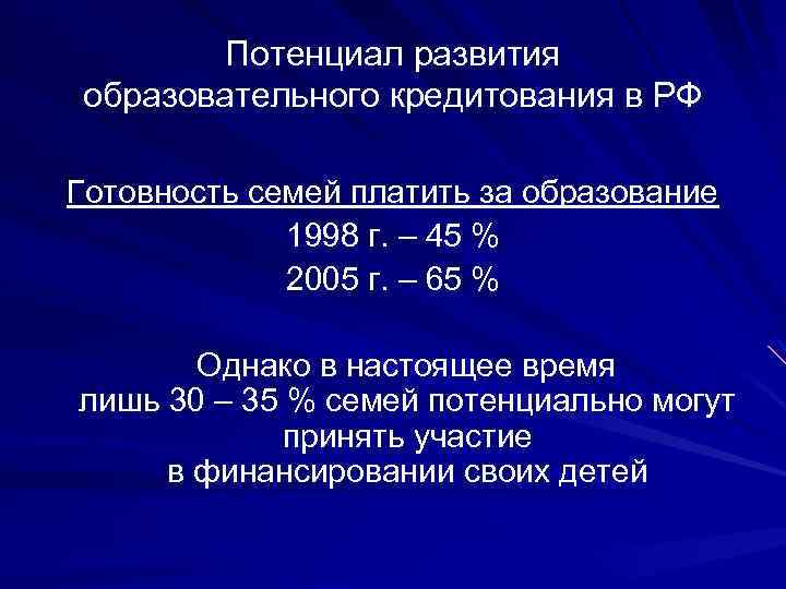 Потенциал развития образовательного кредитования в РФ Готовность семей платить за образование 1998 г. –