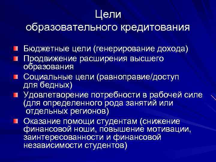 Цели образовательного кредитования Бюджетные цели (генерирование дохода) Продвижение расширения высшего образования Социальные цели (равноправие/доступ
