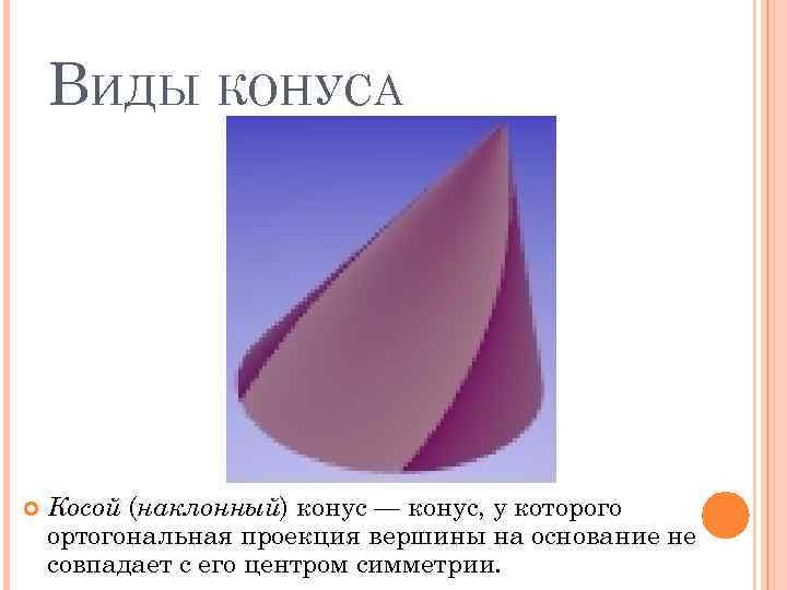 ВИДЫ КОНУСА Косой (наклонный) конус — конус, у которого ортогональная проекция вершины на основание