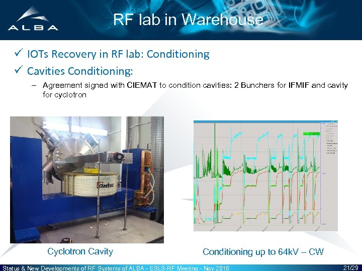 RF lab in Warehouse ü IOTs Recovery in RF lab: Conditioning ü Cavities Conditioning: