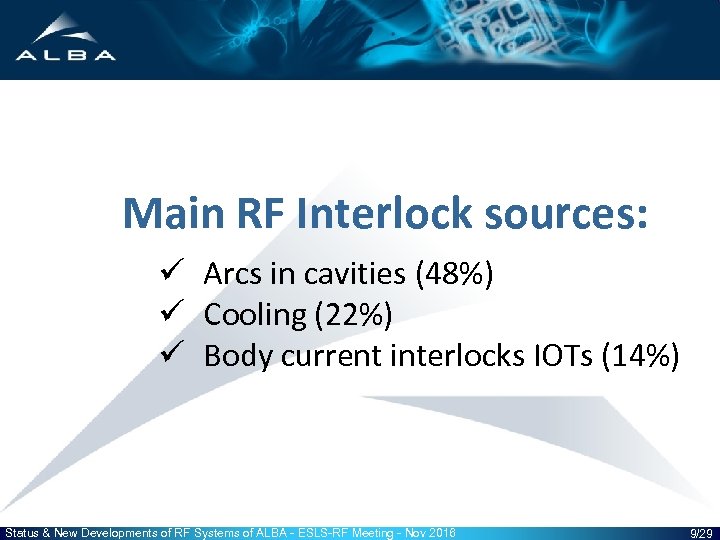 Main RF Interlock sources: ü Arcs in cavities (48%) ü Cooling (22%) ü Body
