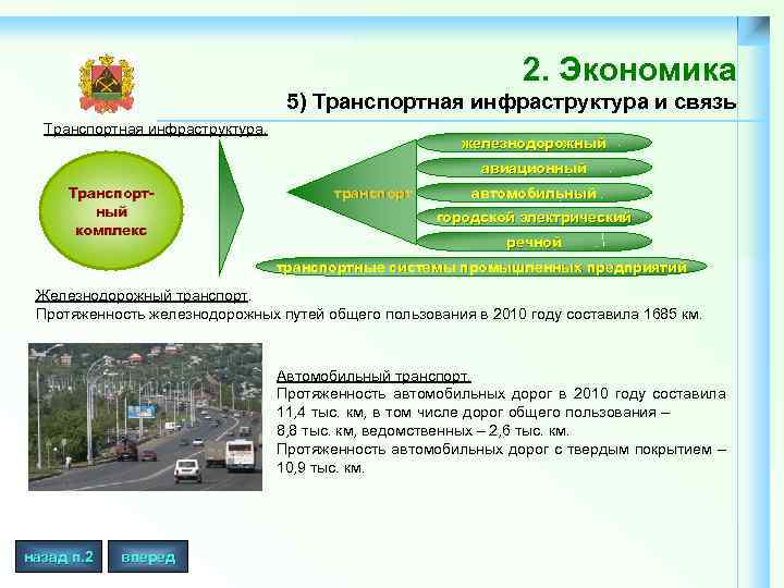 2. Экономика 5) Транспортная инфраструктура и связь Транспортная инфраструктура. железнодорожный авиационный Транспортный комплекс т