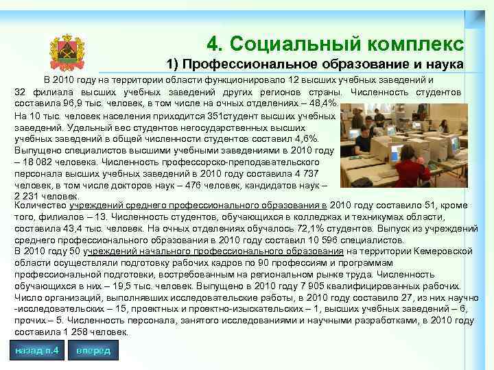 4. Социальный комплекс 1) Профессиональное образование и наука В 2010 году на территории области