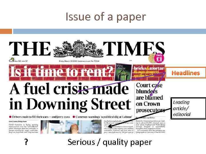 Issue of a paper Headlines Leading article/ editorial ? Serious / quality paper 