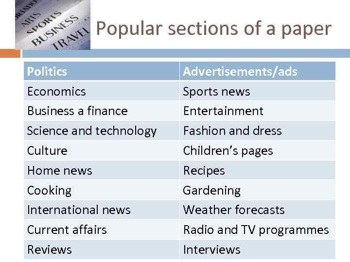 Popular sections of a paper Politics Economics Business a finance Science and technology Culture