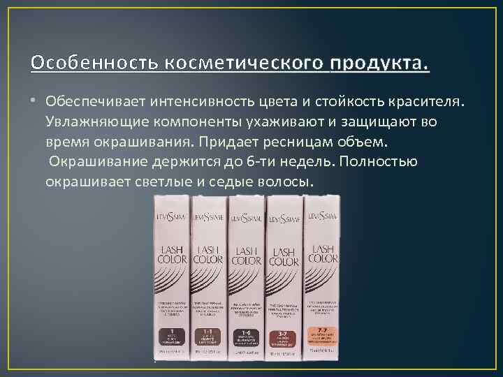 Особенность косметического продукта. • Обеспечивает интенсивность цвета и стойкость красителя. Увлажняющие компоненты ухаживают и