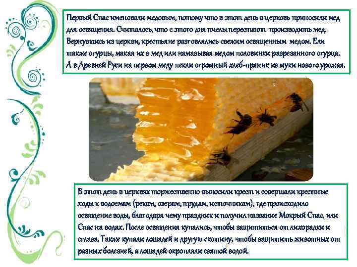 Первый Спас именовали медовым, потому что в этот день в церковь приносили мед для