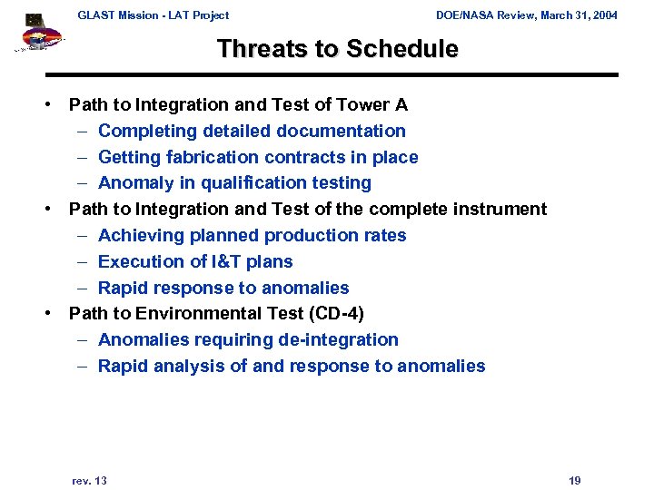 GLAST Mission - LAT Project DOE/NASA Review, March 31, 2004 Threats to Schedule •