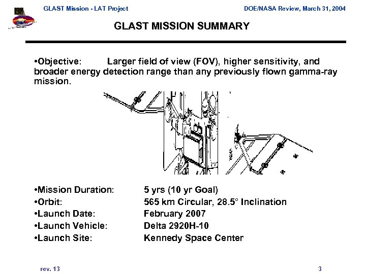 GLAST Mission - LAT Project DOE/NASA Review, March 31, 2004 GLAST MISSION SUMMARY •