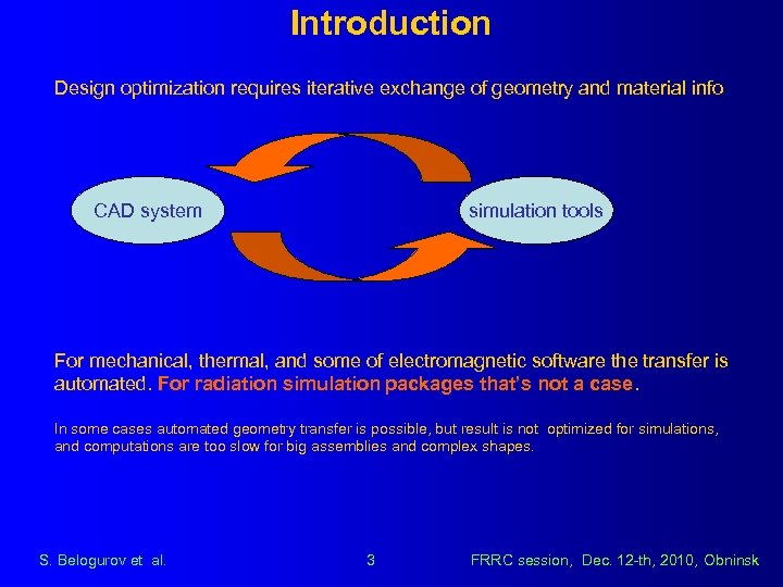 Introduction Design optimization requires iterative exchange of geometry and material info CAD system simulation