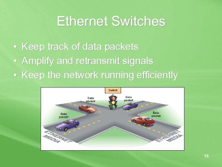 Ethernet Switches • • • Keep track of data packets Amplify and retransmit signals