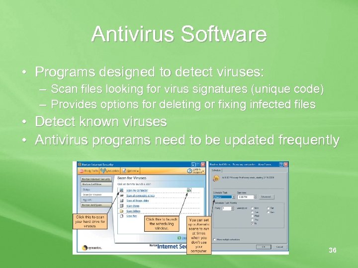 Antivirus Software • Programs designed to detect viruses: – Scan files looking for virus