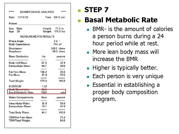 n n STEP 7 Basal Metabolic Rate n n n BMR- is the amount