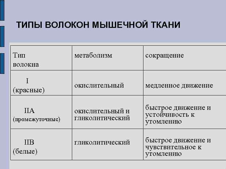 ТИПЫ ВОЛОКОН МЫШЕЧНОЙ ТКАНИ Тип волокна I (красные) IIA (промежуточные) IIB (белые) метаболизм сокращение