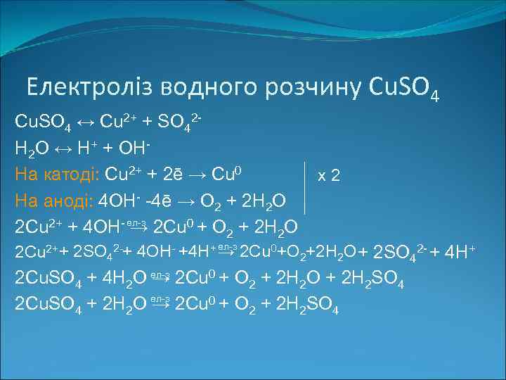 Електроліз водного розчину Cu. SO 4 ↔ Cu 2+ + SO 42 Н 2