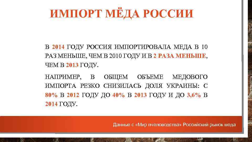 ИМПОРТ МЁДА РОССИИ В 2014 ГОДУ РОССИЯ ИМПОРТИРОВАЛА МЕДА В 10 РАЗ МЕНЬШЕ, ЧЕМ