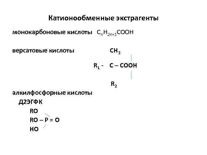 Катионообменные экстрагенты монокарбоновые кислоты Cn. H 2 n+1 COOH версатовые кислоты СН 3 R