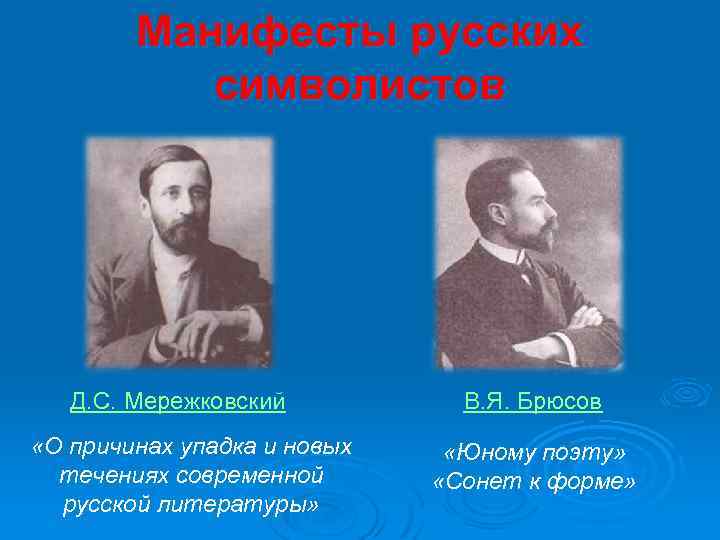 Манифесты русских символистов Д. С. Мережковский «О причинах упадка и новых течениях современной русской