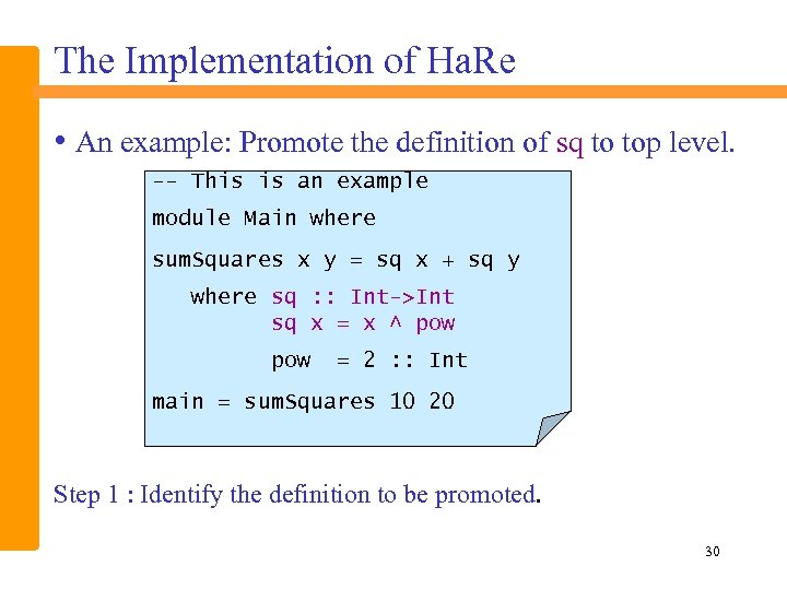 The Implementation of Ha. Re • An example: Promote the definition of sq to