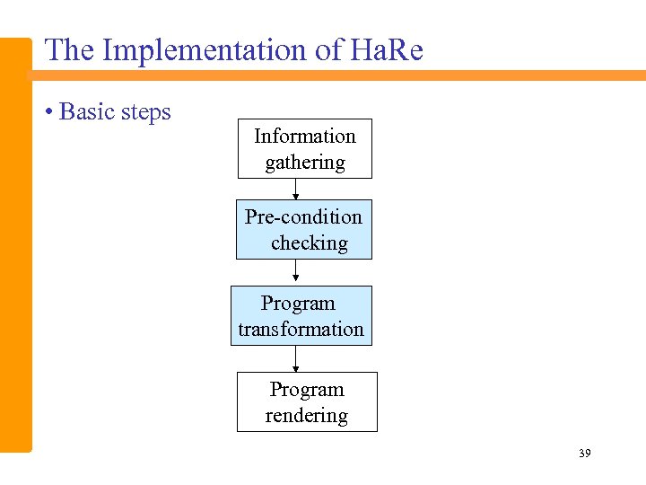 The Implementation of Ha. Re • Basic steps Information gathering Pre-condition checking Program transformation