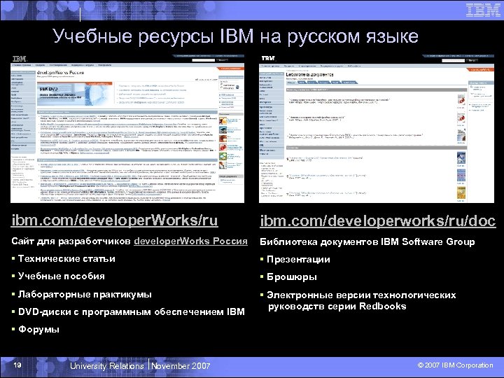 Учебные ресурсы IBM на русском языке ibm. com/developer. Works/ru ibm. com/developerworks/ru/doc Сайт для разработчиков