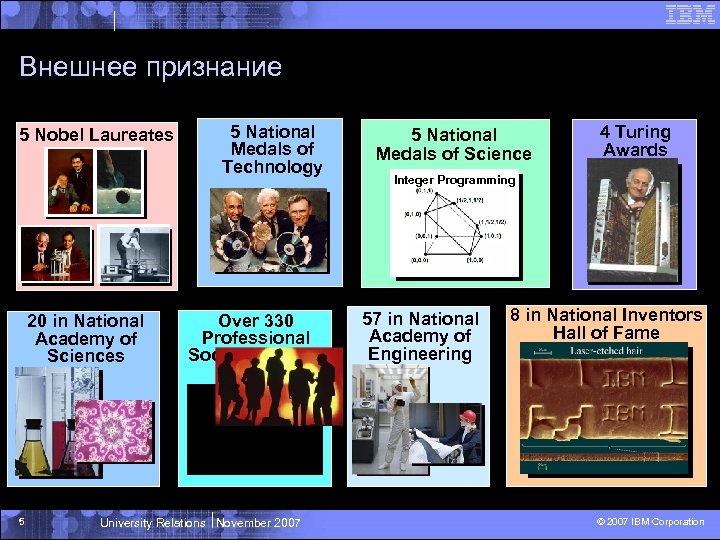 Внешнее признание 5 Nobel Laureates 5 National Medals of Technology 5 National Medals of