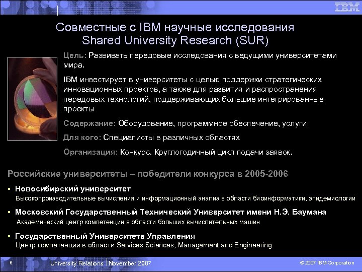 Совместные с IBM научные исследования Shared University Research (SUR) Цель: Развивать передовые исследования с