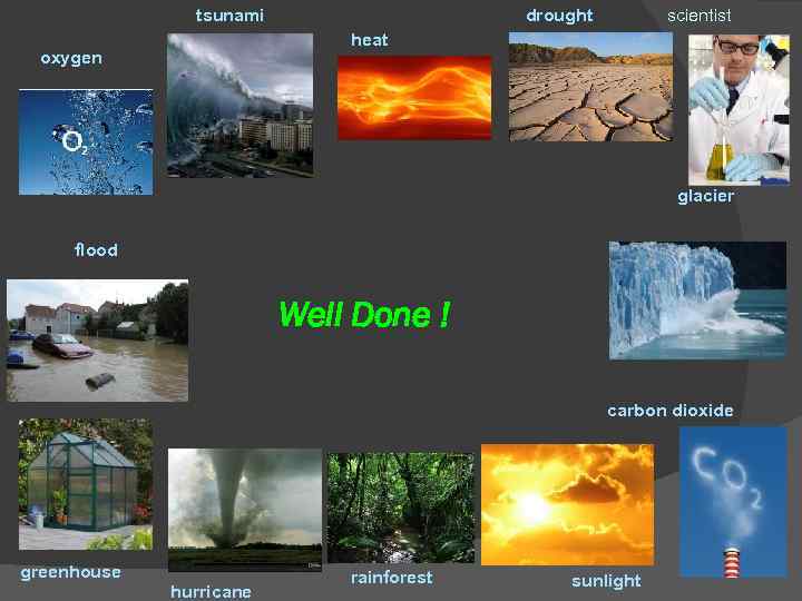 tsunami drought scientist heat oxygen glacier flood Well Done ! carbon dioxide greenhouse hurricane