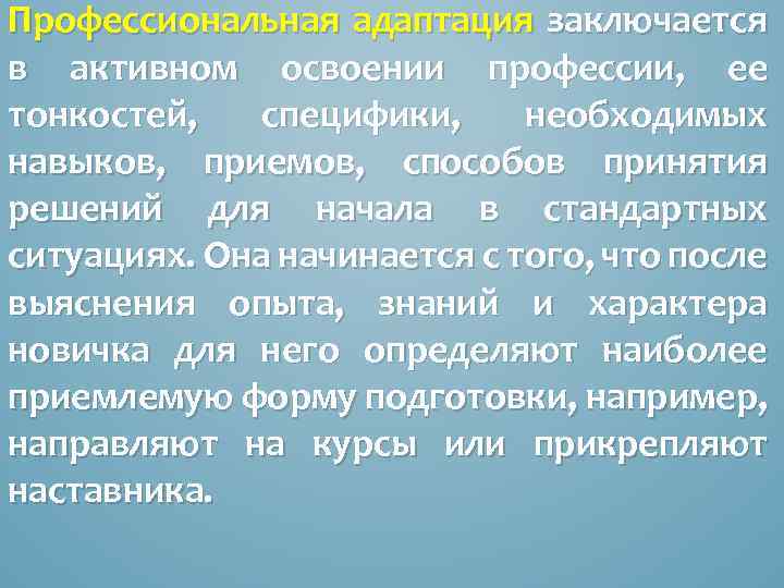 Профессиональная адаптация заключается в активном освоении профессии, ее тонкостей, специфики, необходимых навыков, приемов, способов