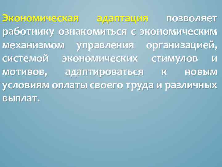 Экономическая адаптация позволяет работнику ознакомиться с экономическим механизмом управления организацией, системой экономических стимулов и