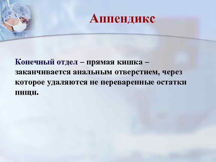 Аппендикс Конечный отдел – прямая кишка – заканчивается анальным отверстием, через которое удаляются не