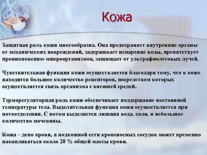 Кожа Защитная роль кожи многообразна. Она предохраняет внутренние органы от механических повреждений, задерживает испарение