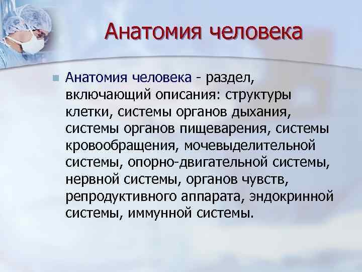 Анатомия человека n Анатомия человека - раздел, включающий описания: структуры клетки, системы органов дыхания,