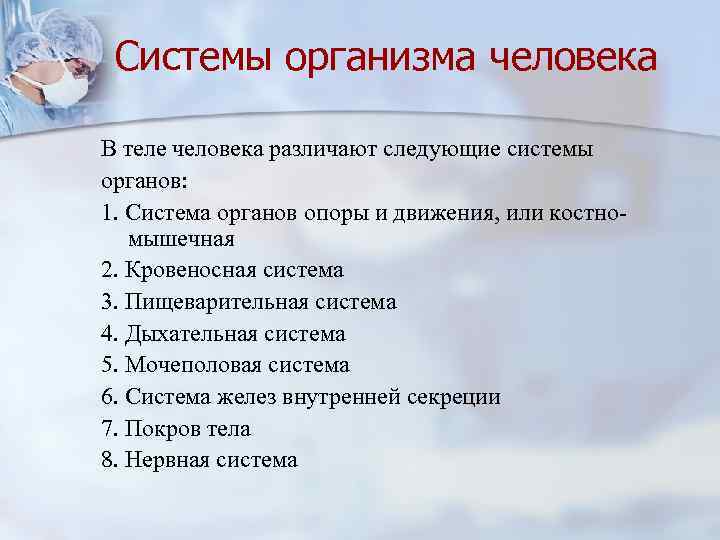 Системы организма человека В теле человека различают следующие системы органов: 1. Система органов опоры