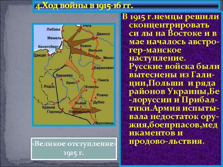 4. Ход войны в 1915 -16 гг. В 1915 г. немцы решили сконцентрировать си