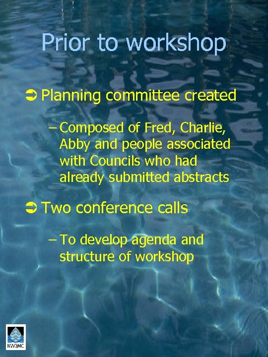 Prior to workshop Ü Planning committee created – Composed of Fred, Charlie, Abby and